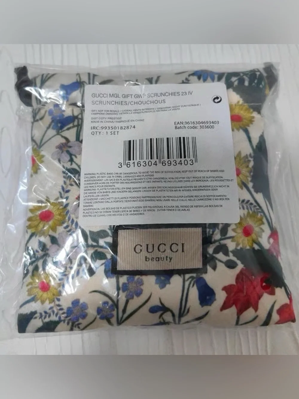 Gucci Floral Satin Scrunchie Trio in Purple, Pink & Teal with Floral Pouch